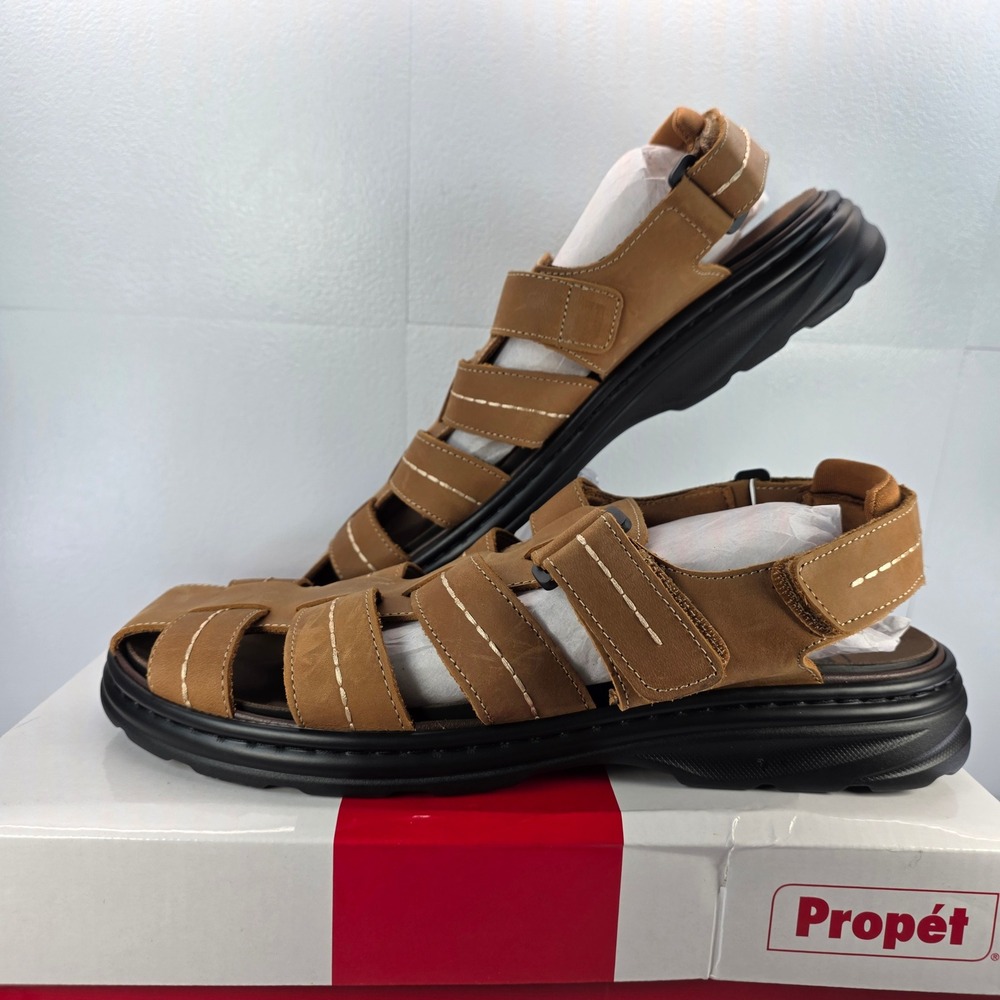 Propet Men's Hunter MSO043L Tan‎ Leather Fisherman Sandals Size 11 Wide